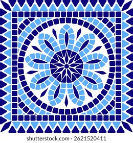 Mosaico quadrado com flor de mosaico cercado por anéis concêntricos e bordas geométricas um fundo branco.