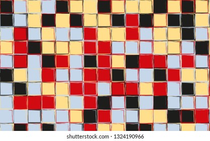 Square Mosaic Tiles Background. Background with Abstract Polygonal Pixels. Random Tiles. Texture for Tiling the Pool Walls, Bathroom, Kitchen, Tiled Flooring. Square Format in Black, Blue, Red, Yellow