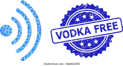 Square mosaic Wi-Fi source and VODKA FREE rubber stamp. Blue stamp seal contains VODKA FREE text inside rosette. Vector Wi-Fi source mosaic is organized from randomized square items.