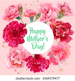 Square Mother's Day, Victory Day card with carnation: red, white, pink flowers, twigs, bright, rectangular background. Templates for design, vintage botanical illustration in watercolour style, vector