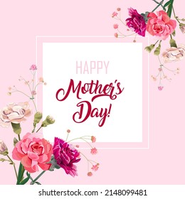 Square Mother's Day, Victory Day card with carnation: red, white, pink flowers, twigs, bright, rectangular background. Templates for design, vintage botanical illustration in watercolor style, vector