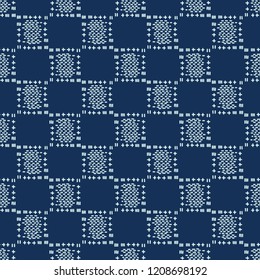 Square Motif Sashiko StyleJapanese Needlework Seamless Vector Pattern.  Hand Stitch Indigo Blue Line Texture for Textile Print, Classic Japan Decor, Asian  Backdrop or Simple Kimono Quilting Template.