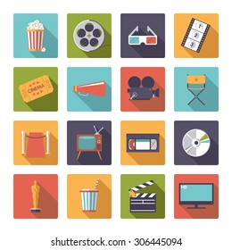 Square movie and cinema symbols vector set. Collection of 16 flat design long shadow icons in rounded squares