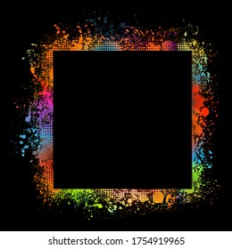 Quadratischer mehrfarbiger Rahmen aus Farbflecken. Hintergrund aus Blöcken. Grunge Design Element. Pinselstriche. Vektorgrafik