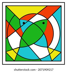 square multicolored pattern in the form of a stained glass mosaic. Abstract fish