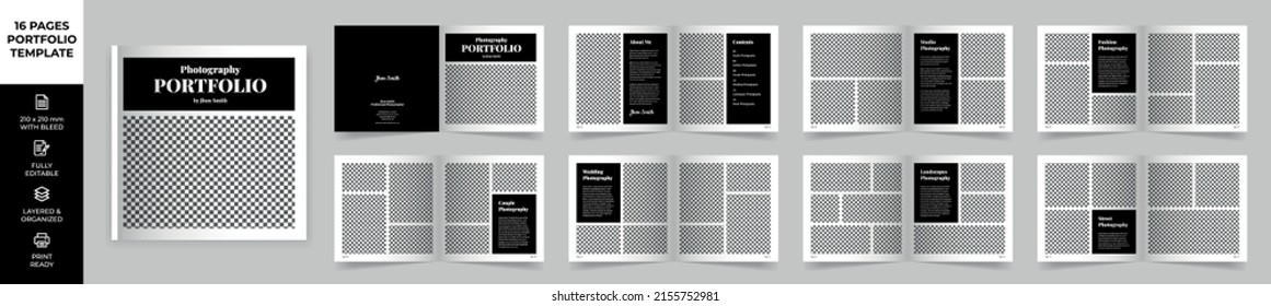 Square Multipurpose Modern Portfolio Design Template, Black Portfolio Brochure Layout, Photography Portfolio Editorial Template, Minimal Magazine Design, Fashion and Look Book Portfolio, Photo Book