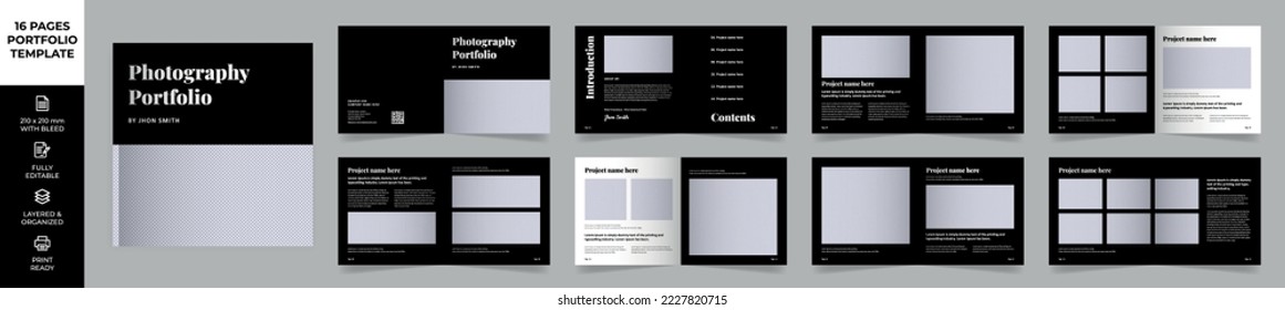 Square Multipurpose Modern Portfolio Design Template, Black Portfolio Brochure Layout, Photography Portfolio Editorial Template, Minimal Magazine Design, Fashion and Look Book Portfolio, Photo Book