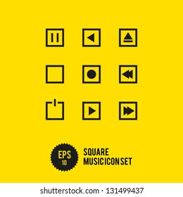Square Music Icon Set - Vector Illustration - Play Stop Record
