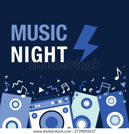Square Music Night poster featuring speaker system and musical notes on dark blue background. Perfect for DJ party promotion, nightclub advertising or live music event marketing