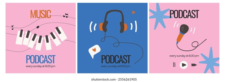 Square music podcast template. Podcast Live Flyers in vector. Podcast cover set with microphone illustration, headphones, player buttons, piano and notes.