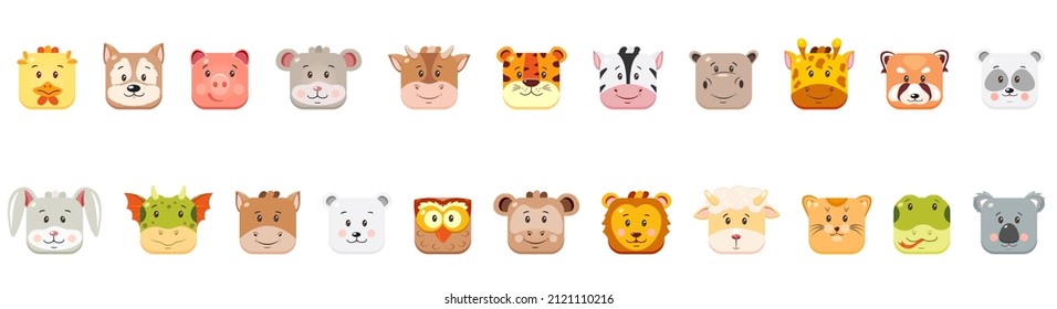 Square muzzles of animals in cartoon flat style. Vector illustration. Cute big set of colored baby avatars, icons.