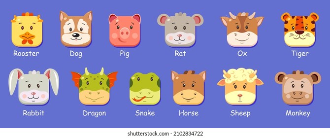Square muzzles cute Chinese horoscope animals in cartoon style. Vector set of baby avatars, icons.