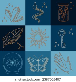 Patrón de contorno místico cuadrado sin fisuras. Dibujos de contorno misterioso. Diseño de impresión gráfica para carteles, textiles, fondo, banner, estacionario