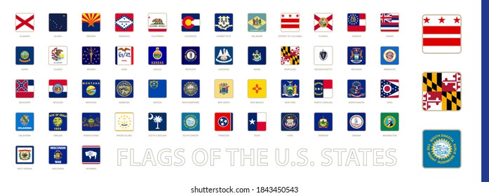 Colección cuadrada de banderas nacionales de Estados Unidos. Colección ordenada alfabéticamente.