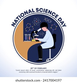 Square National Science Day background with a scientist researching