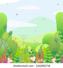 Square nature background with trees, bushes, colorful leaves, grass and flowers. Floral border with simple plants above spring landscape. Vector flat style green foliage decoration.