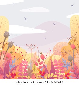 Square nature background with trees, colorful leaves, dried grass and berries. Floral border with simple plants above autumn landscape. Vector flat fall foliage decoration.