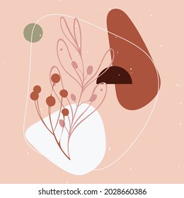 Square nature poster in chocolate shades. Backgrounds for interior design, social media, marketing, advertising, covers. Vintage illustrations in boho style with moon, sun, plants in pastel colors.