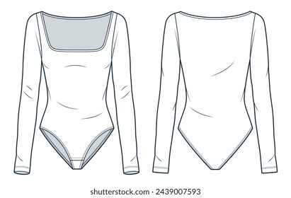 Square Neck Bodysuit technical fashion illustration. Long Sleeve Bodysuit fashion flat technical drawing template, slim fit, front and back view, white, women Top CAD mockup.