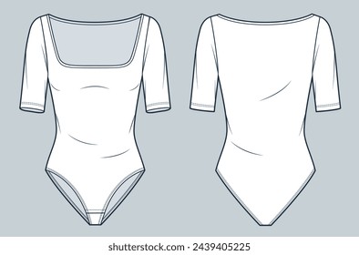 Square Neck Bodysuit technical fashion illustration. Half Sleeve Bodysuit fashion flat technical drawing template, slim fit, front and back view, white, women CAD mockup.