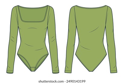 Square Neck Bodysuit technical fashion illustration. Long Sleeve Bodysuit fashion flat technical drawing template, slim fit, front and back view, green, women Top CAD mockup.