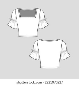 Square Neck Crop Top Short gathering knot Ruffle Sleeve hem detail  fashion flat sketch template vector