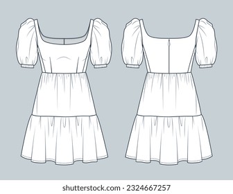 Square Neck Dress technical fashion illustration. Tiered Dress fashion flat technical drawing template, mini lengths, puff sleeve, front and back view, white, women CAD mockup set.    