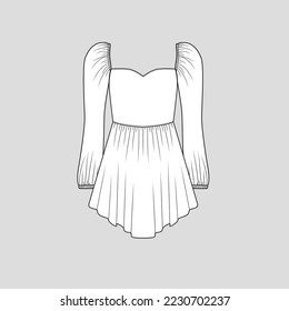 Square Neck Elastic gathering sleeve top Ruffles Hem sleeve shirred ruched detail long sleeve hem fashion flat sketch technical template drawing
