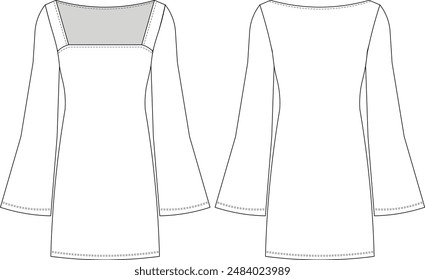 square neck kimono bell long sleeve pencil straight short dress template technical drawing flat sketch cad mockup fashion woman design style model 