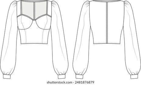 square neck long balloon sleeve zippered cropped blouse template technical drawing flat sketch cad mockup fashion woman design style model