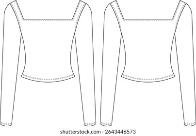 square neck long sleeve fit elastic knitted blouse top sweater template technical drawing flat sketch cad mockup fashion woman design style model 