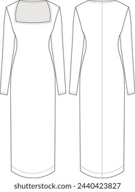 square neck long sleevee maxi long midi h line elastic dress template technical drawing flat sketch cad mockup fashion woman design style model 