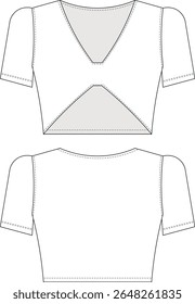square neck short sleeve cropped crop blouse top tshirt tee lowcut cutout template technical drawing flat sketch cad mockup fashion woman design style model 