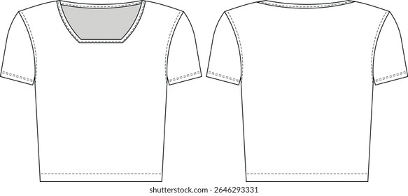 square neck short sleeves blouse top tshirt tee template technical drawing flat sketch cad mockup fashion woman design style model 