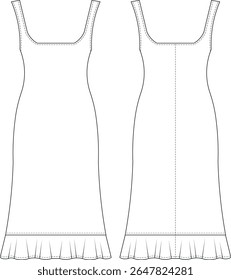 square neck sleeveless strappy strapped ruffled frilled shoulder straps straight a line pencil cut short dress template technical drawing flat sketch cad mockup fashion woman design style model 