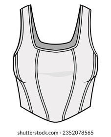 Square Neck Sleeveless V-Cut Crop Top Front and Back View. Fashion Illustration, Vector, CAD, Technical Drawing, Flat Drawing, Template, Mockup.