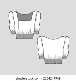 Square Neck SmokcingTop fashion puff sleeve smocked hem crop t shirt blouse  Apparel Clothing fashion flat sketch technical drawing template design vector