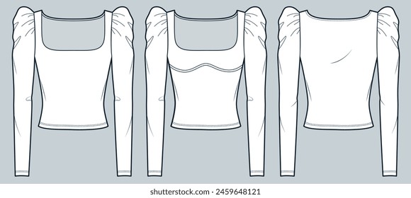 Cuello cuadrado Ilustración técnica de moda superior. Camiseta de manga larga Plantilla de dibujo técnico plano de moda, manga de puff, ajuste delgado, vista frontal y posterior, color blanco, conjunto de maquillaje de mujer Top CAD.