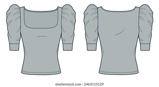 Cuello cuadrado Ilustración técnica de moda superior. Camiseta de manga media de la Plantilla de dibujo técnico plano de la moda, manga de puff, ajuste delgado, vista frontal y posterior, color gris, conjunto de maquillaje de mujer Top CAD.