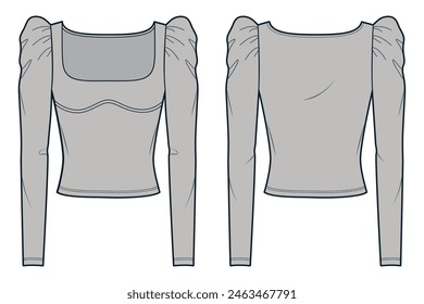 Cuello cuadrado Ilustración técnica de moda superior. Camiseta de manga larga Plantilla de dibujo técnico plano de moda, manga de puff, ajuste delgado, vista frontal y posterior, color gris, conjunto de maquillaje de mujer Top CAD.