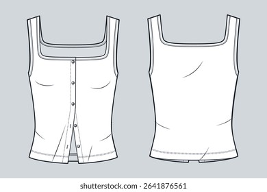 Square neck Women Top Technical Fashion Illustration. Tank Top fashion flat technical drawing template, front and back view, white, sleeveless, button up, women CAD mockup.