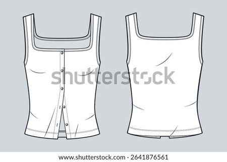Square neck Women Top Technical Fashion Illustration. Tank Top fashion flat technical drawing template, front and back view, white, sleeveless, button up, women CAD mockup.