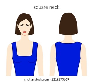 Square neckline clothes character beautiful lady in blue top, shirt, dress technical fashion illustration with fitted body. Flat apparel template front, back sides. Women, men unisex CAD mockup