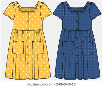 QUADENKLINIE-DRESS MIT PATCH-POCKET-DETAIL FÜR ZEHN- UND KID-MÄDCHEN IN VEKTORGRAFIK