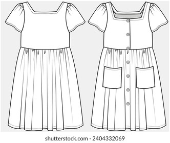 VESTIDO DE LÍNEA DE NECESARIO CUADRADO CON DETALLE DE BOLSILLO DE PARCHES DISEÑADO PARA NIÑAS Y ADOLESCENTES EN ARCHIVO DE ILUSTRACIÓN DE VECTOR