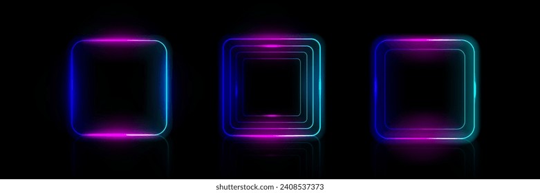 Square in neon colors on a dark background. Square frame with backlight in blue, pink, blue colors on black background. Vector image.