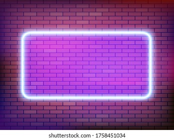 Square neon frame on a brick wall. Empty template for text. Vector background