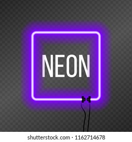 Square neon frame on transparency background.