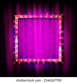 Square neon frame with retro style light bulbs. Against the background of a pink curtain. Vector illustration.