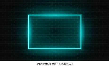 square neon frame with turquoise lighting on the brick wall. Vector illustration.
